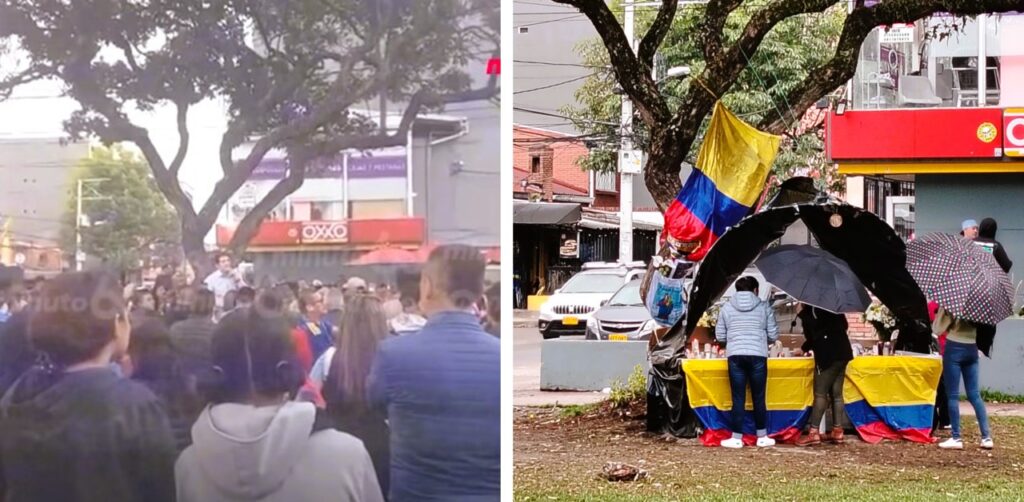 Miguel Uribe addressing a crowd in Modelia just before he was shot on June 7 (still from video), and wellwishers gathering at the same site this week (photo: Steve Hide)