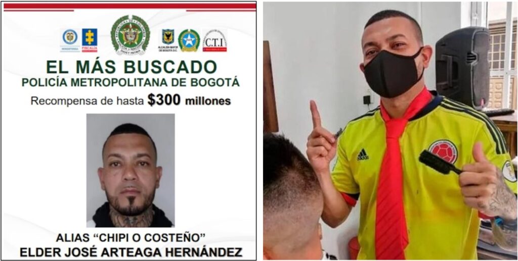 Most wanted: bounty offer for Arteaga, alias El Costeño, issued by the Prosecutor’s Office, left, and Instagram photo of him working in his barber shop in Engativa.