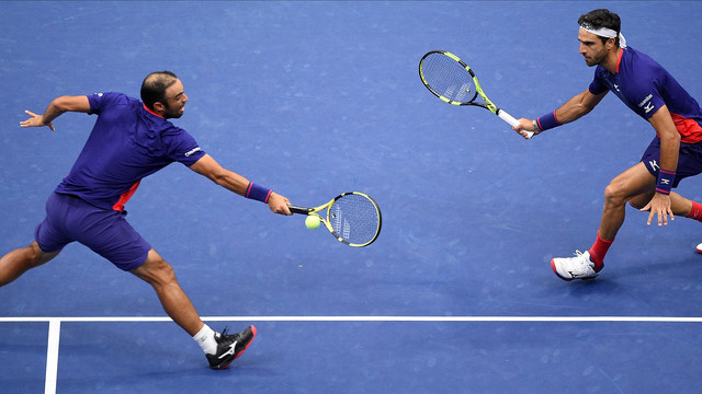 Juan Sebastian Cabal and Robert Farah in action against Marcel Granollers and Horacio Zeballos during the men's doubles final at the 2019 US Open.