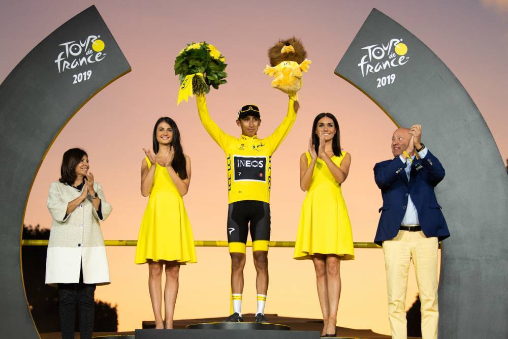 One of the biggest sport moments of the year: Colombia 's cyclist Egan Bernal wins the Tour de France 2019. 