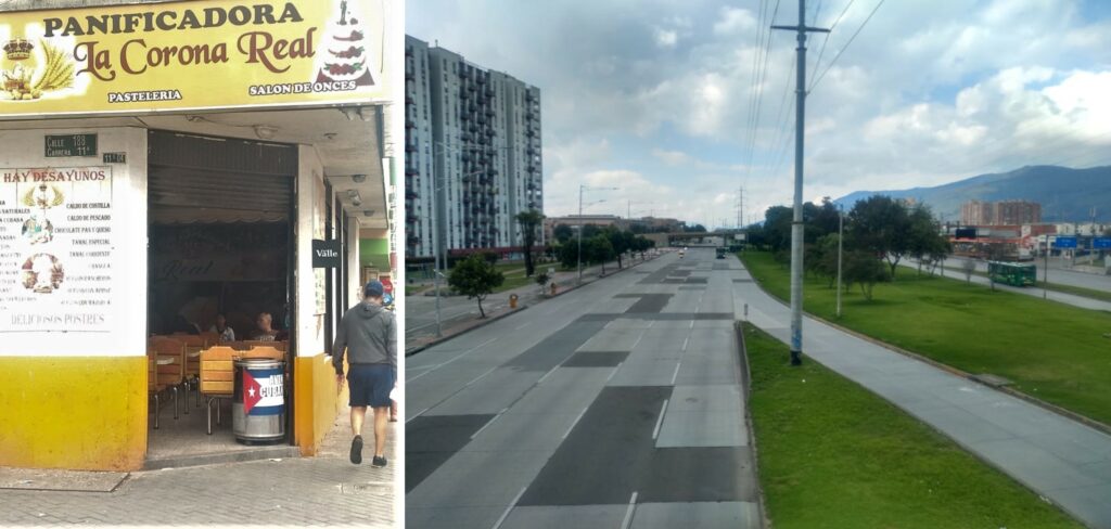 In Bogotá, cafes are still open for take-aways, left but roads, are empty right. Photos: Brendan Corrigan