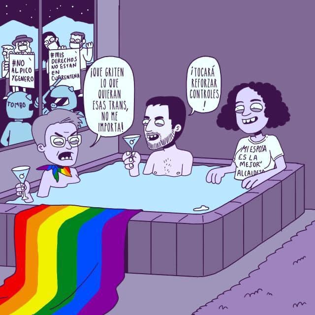 Political Cartoon posted on Red Comunitaria Trans social media accounts depicting Mayor Claudia López, Senator Angélica Lozano, and Mayoral Secretary Luis Ernesto Gómez spending the quarantine in luxury while ignoring the anti-pico y género activists protesting outside.