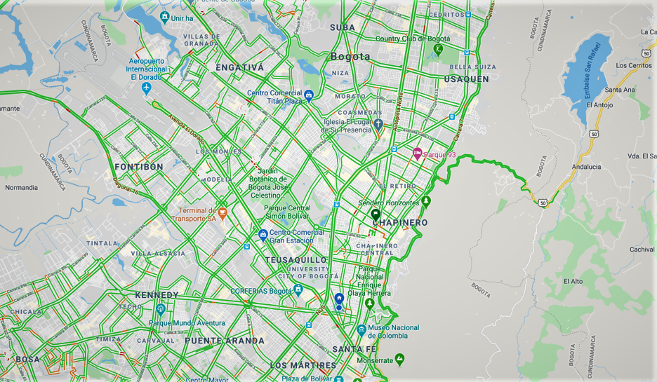 Going green: two weeks after Bogotá's quarantine, live traffic maps show zero rush hour. 