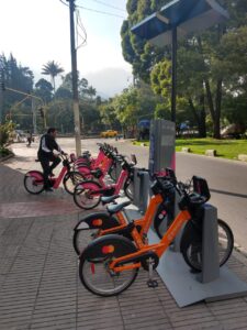 A row of Tembici bikeshare cycles that are part of transport in Bogotá, Colombia