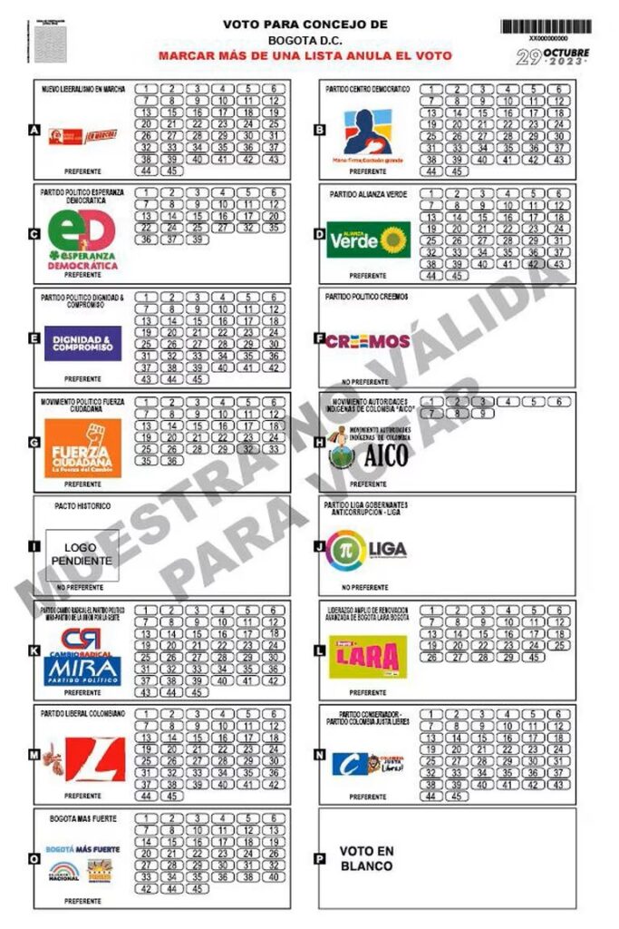 Sample copy of the voting slip for the Bogotá elections 2023