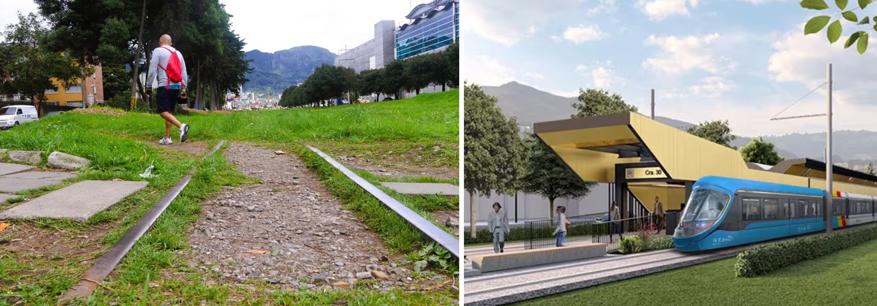 Now…and the future. Old tracks by Carrera 30 today, and artists impression of the suburban light railway at the same spot. Image credit: Steve Hide and Empresa Ferréa Regional.