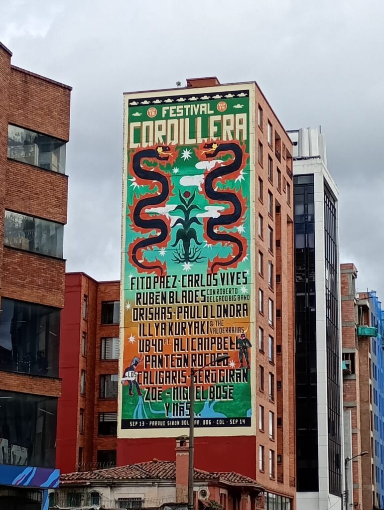 Festival Cordillera 2025 publicity as graffiti on the streets in Chapinero