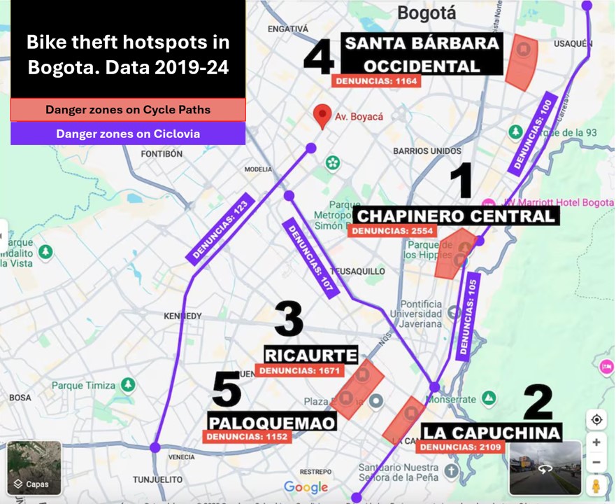 Map of bike theft reported in Bogotá over the five years to 2024. Source: Diana Diago