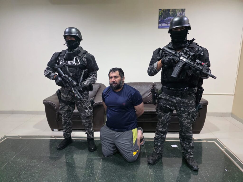Ecuadorian capo alias Fito, accused of leading Los Choneros gang, captured in Manta last week. Authorities have suggested without evidence that he met with President Petro in May. Photo: Ecuador Police.