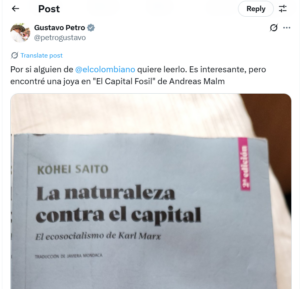 Petro's tweet about writing a book in Manta. Source: X