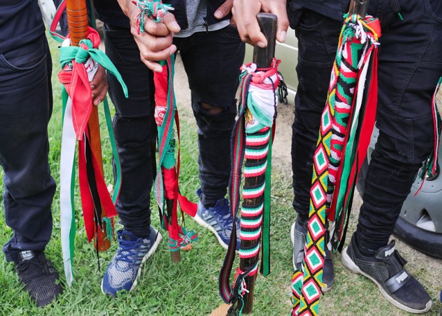 ndigenous guards show off their ceremonial bastons at the university this week.