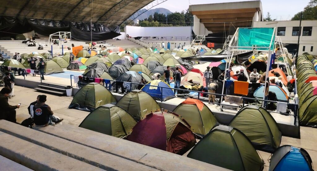 The ‘Concha’ auditorium of the National University, converted into a campground. Photo: Steve Hide