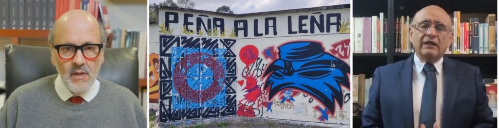 Outgoing rector Leopoldo Múnera, left, and reinstated candidate Ismael Peña, right. Last year Múnera won the campus vote by a wide margin. Threatening graffiti on the campus, center. Photos: X and Steve Hide