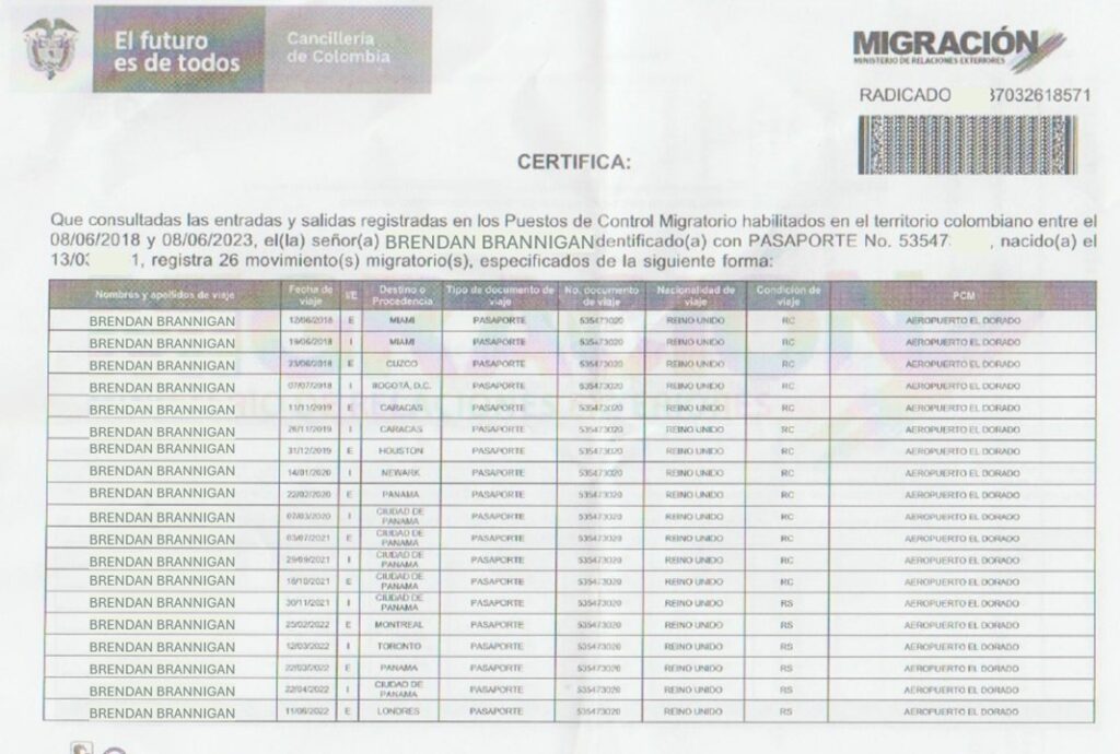 xample of the Certificado de Movimientos Migratorios. 