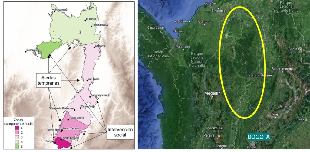 The hippo range in Colombia, covering 100 kilometers of the Magdalena River Valley.