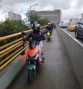 E-motos regularly invade pedestrian walkways. Photo: S. Hide.