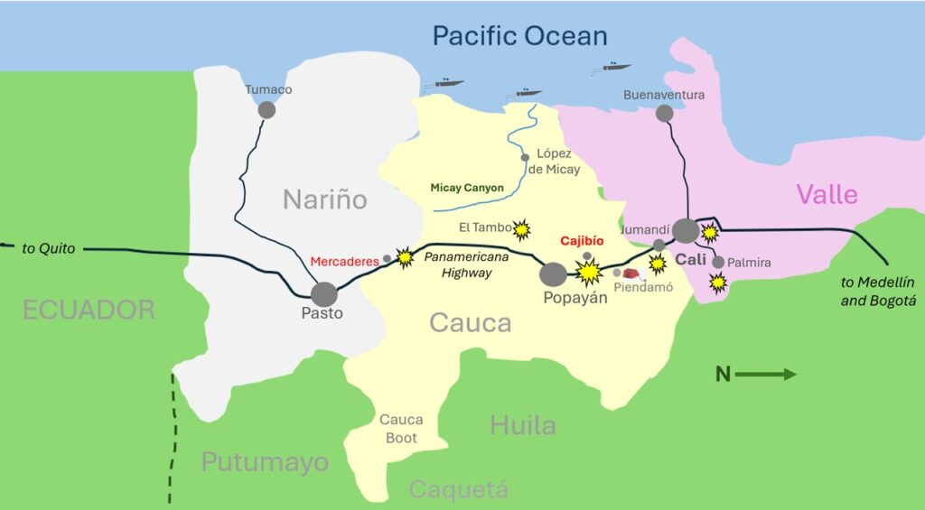 Map of Cauca and neighbouring departments, and recent conflict events. 
