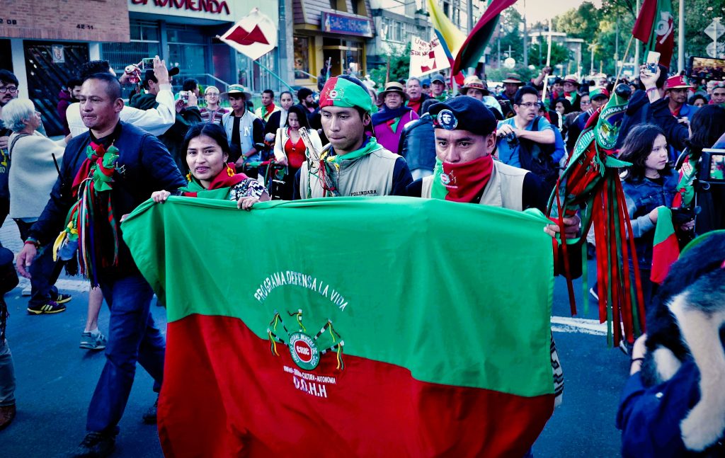 RIC indigenous guards marching in Bogotá during the 2019 protests. Photo: Steve Hide